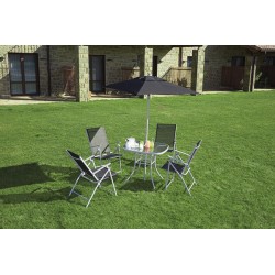 Conjunto Mesa + 4 Sillas + Parasol Acero