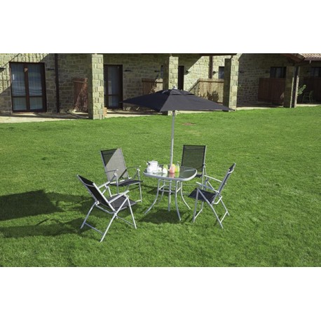 Conjunto Mesa + 4 Sillas + Parasol Acero Conjunto Mesa + 4 Sillas + Parasol Acero